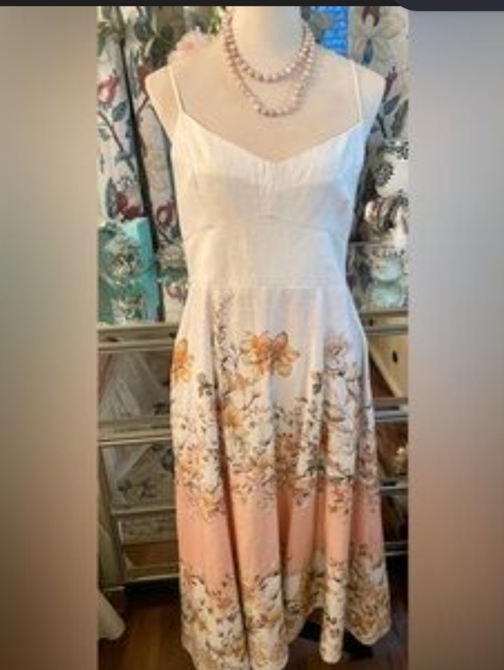 Joie Picnic Linen Midi Dress in Buff/Coral Floral print
